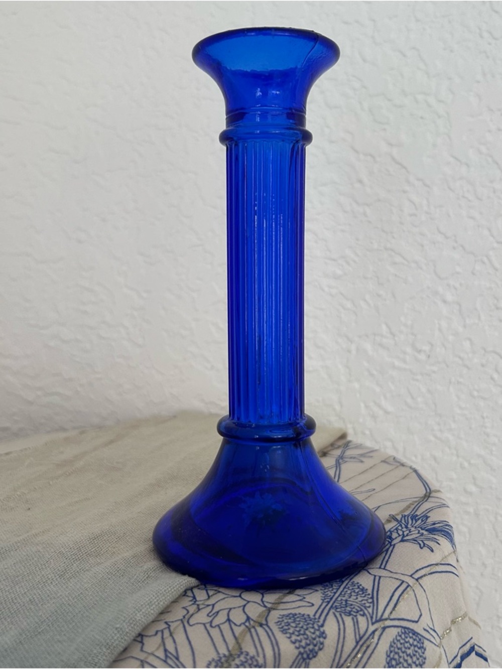 Cobalt Blue Ribbed Glass Candlestick